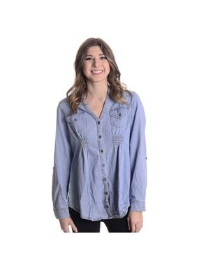 Chances R Light Blue Long Sleeve Button Top Tunic